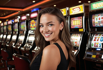 Naklejka premium Joyful woman grinning beside gaming machines in a casino. Decorative technology.