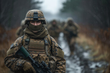 US marines in camouflage uniform during training and marching operations
