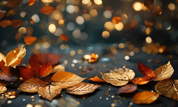 Golden autumn leaves on a dark surface with a bokeh light background.