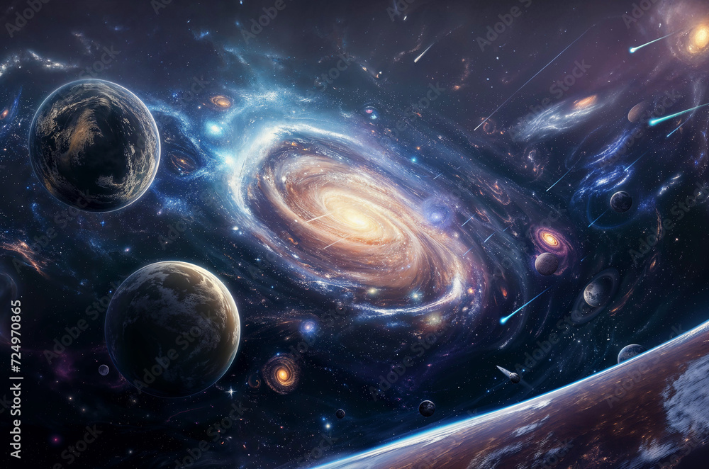 Wall mural spacescape of swirling galaxies and planets and stars and auroras,