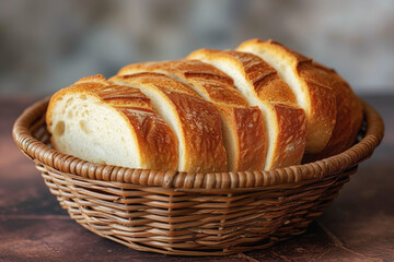 Sliced crusty bread in a wicker bowl, placed on a laid table ready to be eaten