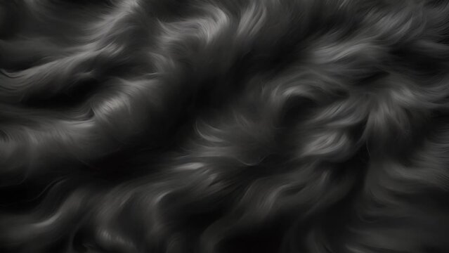 Black fur background texture moving 4k. Smooth soft black color furry, fluffy and hairy artificial sheep skin plush fur wool rug texture cloth knitted coarse background moving