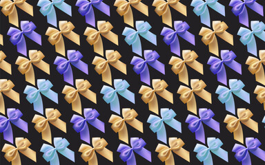 Festive background with color bows. Silk ribbon bows vector backdrop - 724971212