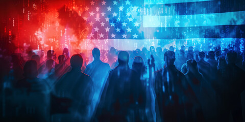 American flag and election vote silhouette composition. Describe the 2024 US election situation and results. Basemap and background concept. Double exposure hologram.