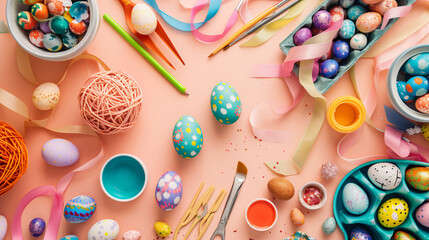Fototapeta na wymiar A flat lay of Easter crafts including painted eggs ribbons and art supplies.