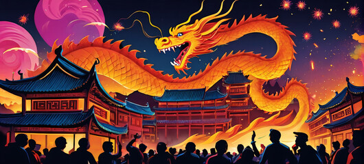 Generative AI illustration of Lunar New Year Celebration Chinese Dragon over the crowd year of the dragon