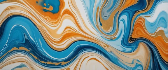 Fototapeten Marble ink abstract art banner background. Luxury abstract fluid art painting in alcohol ink technique, mixture of blue, orange and gold paints. AI generative © SR07XC3