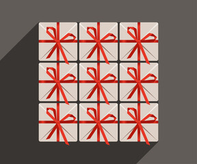 Gift boxes icon. White boxes with red ties. Holiday decor - 724971291