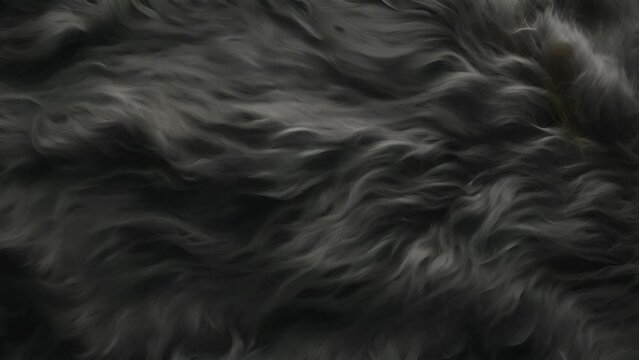 Black fur background texture moving 4k. Smooth soft black color furry, fluffy and hairy artificial sheep skin plush fur wool rug texture cloth knitted coarse background moving