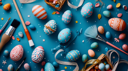 A flat lay of Easter crafts including painted eggs ribbons and art supplies.