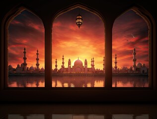 Fototapeta premium Mosque scenery ideal for creating Ramadan greetings cards.