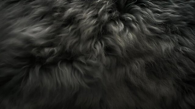 Black fur background texture moving 4k. Smooth soft black color furry, fluffy and hairy artificial sheep skin plush fur wool rug texture cloth knitted coarse background moving