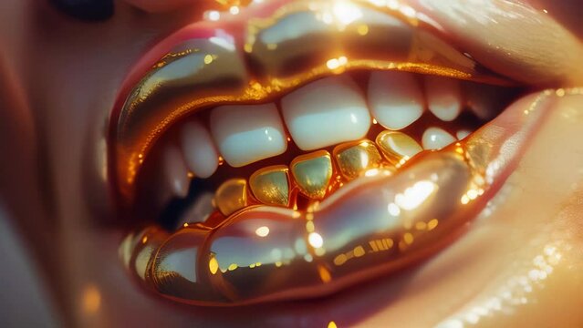 Dazzling smile with golden grillz jewelry on glossy lips close-up