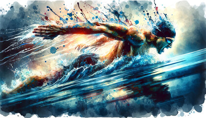 A dynamic swimmer in motion, powerfully cutting through water, with splashes of color highlighting movement and speed.Sports concept. AI generated.