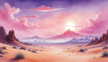Fantasy Watercolor Desert With A Pink Sky. Light Violet And White. Dreamy And Mystic Landscape