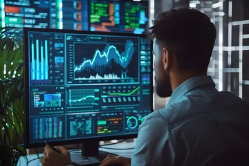 businessman at work in front of screen with financial data charts on it, in the style of futuristic organic