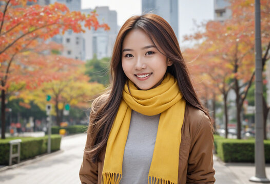 Beautiful, cheerful Asian young woman in casual clothes outdoors. Portrait of Asian girl wearing brown jacket and yellow scarf on city street on autumn day