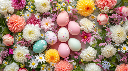 Fototapeta na wymiar A flat lay of Easter eggs painted in pastel colors surrounded by spring flowers.