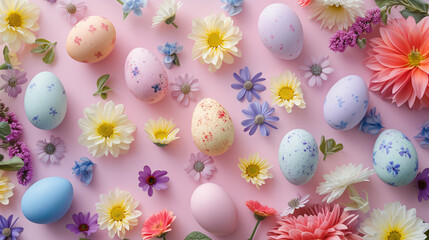 Fototapeta na wymiar A flat lay of Easter eggs painted in pastel colors surrounded by spring flowers.