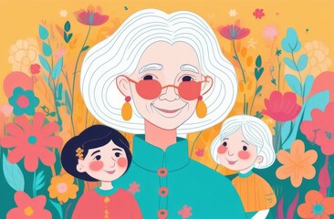 Happy grandmother hugs her granddaughters. Love of grandmother and grandchildren. Happy Grandma's Day. Women's Day, March 8