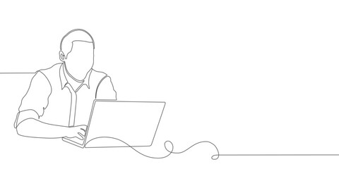 man working with laptop line art style vector illustration. One continous line editable vector eps