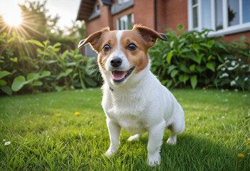 Adorable little pup playing in the yard beside a cozy home on a sunny summer day. Energetic pet enjoying the outdoors. Sweet portrait of a Jack Russell terrier.