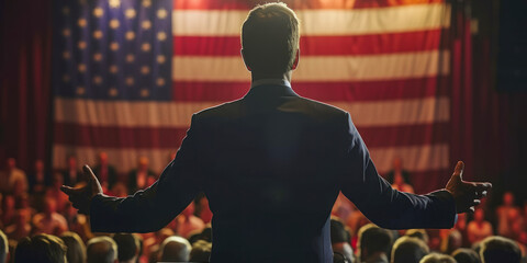 Businessman or politician making speech from behind the pulpit with USA flag on background. - obrazy, fototapety, plakaty