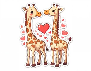 two cartoon-style giraffes standing next to each other, with a heart-shaped design in the background.