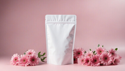 Blank Standing Doypack on Blurred Pink Flowers Background, Customizeable White Packaging Template with Feminine Touch
