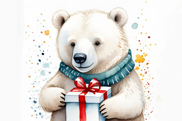 Watercolor illustration of a white bear holding a gift 