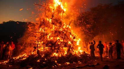 People celebrating Holika Dahan with bonfire - ai generative