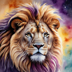 Colorful lion painting in cosmic hues