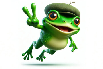 A funny green toad with bulging big eyes and a smile jumps in flight on solid white background. ai generative