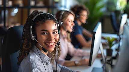 A close-up of a smiling woman with a headset, effortlessly multitasking and delivering exceptional support to customers. Copy space.