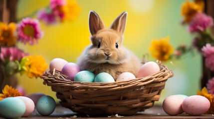 Easter Bunny in a Bed of Flowers, Hosting a Collection of Handcrafted Eggs—a Whimsical Display of Springtime Delight