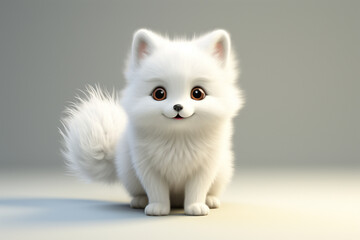 Fototapeta premium Adorable 3D cartoon arctic fox close-up portrait on a white background.