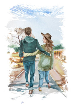 Hand painted travel concept card. Watercolor couple walks the road illustration. People and landscape  background. Road trip card design.