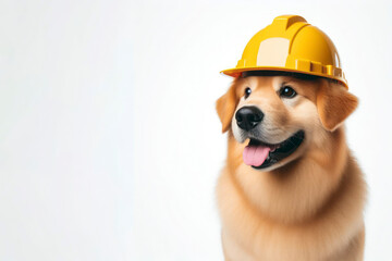 full body Engineer dog wear yellow helm isolated on solid white background. ai generative - obrazy, fototapety, plakaty
