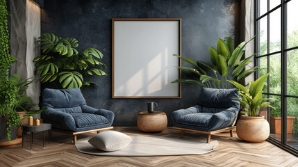 Mockup frame in modern dark interior background with decor, 3d render, Generative Ai.