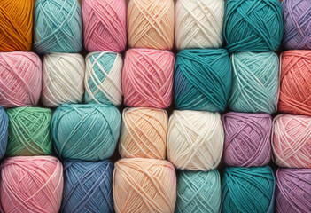 Abstract knitting background. Multicolored balls of yarn. Pastel soft colors