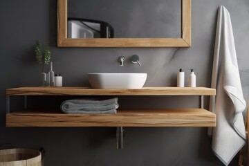 On a wooden shelf stands a gray bathroom sink. a gray wall with a square mirror hanging on it