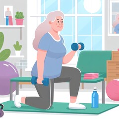 Fototapeta na wymiar Elderly woman exercises with dumbbells at gym^ home. Concept - active seniors people, healthy lifestyle, sports, fitness.