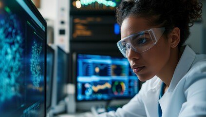 Young african american female scientist working on computer in laboratory. Science and technology concept. - obrazy, fototapety, plakaty