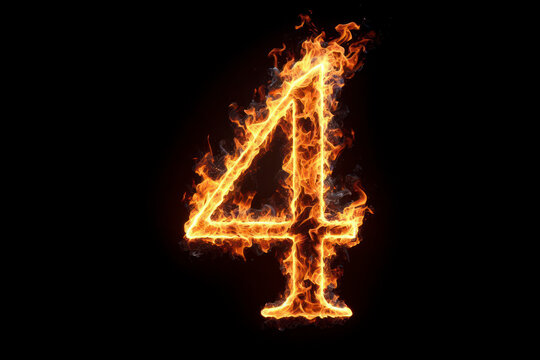 Number 4 with fire growing out isolated on solid black background. ai generative