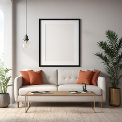 Minimalist Living Room with Mock-Up Poster Frame - 3D Render