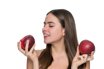 Woman eating healthy food on detox diet with natural organic fresh apple having healthy lifestyle and health