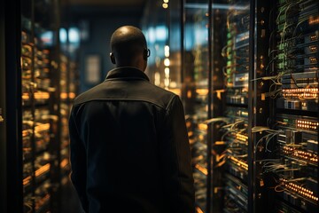 Businessman touching structure of business technology on data network to adapt implement new policies and technology to support it effectively