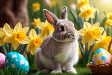 A cute Easter bunny in a hat with wooden cart and easter eggs in garden.