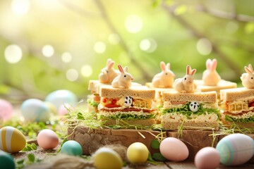 an array of miniature sandwiches, each crafted to represent different Easter motifs such as bunnies, chicks, and Easter eggs. easter cake and eggs