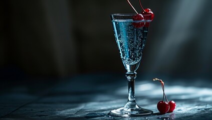 Blue cocktail with cherries in elegant glass on dark moody background - obrazy, fototapety, plakaty